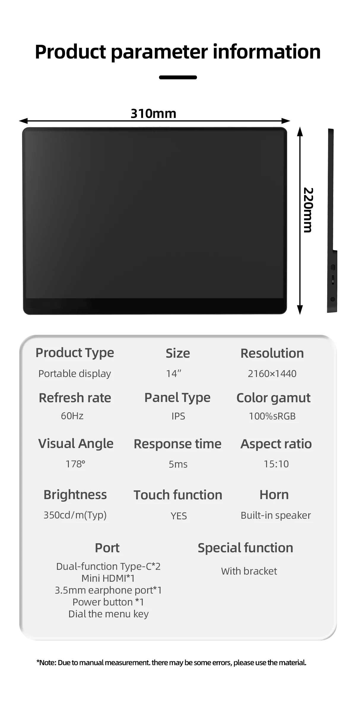 ZSUS 2160*1440  14-inch 2K Portable Monitor 60HZ For Laptop XBox PS4 / 5 Switch TV Box Cell Phone PC Extension  Mobile