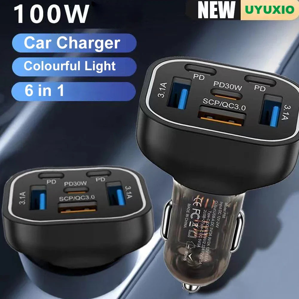 UYUXIO 6 in 1 USB C Car Charger Adapter PD 30W Multi Ports Super Fast Charge for iPhone 16 15 14 Pro Max iPad Samsung Phone