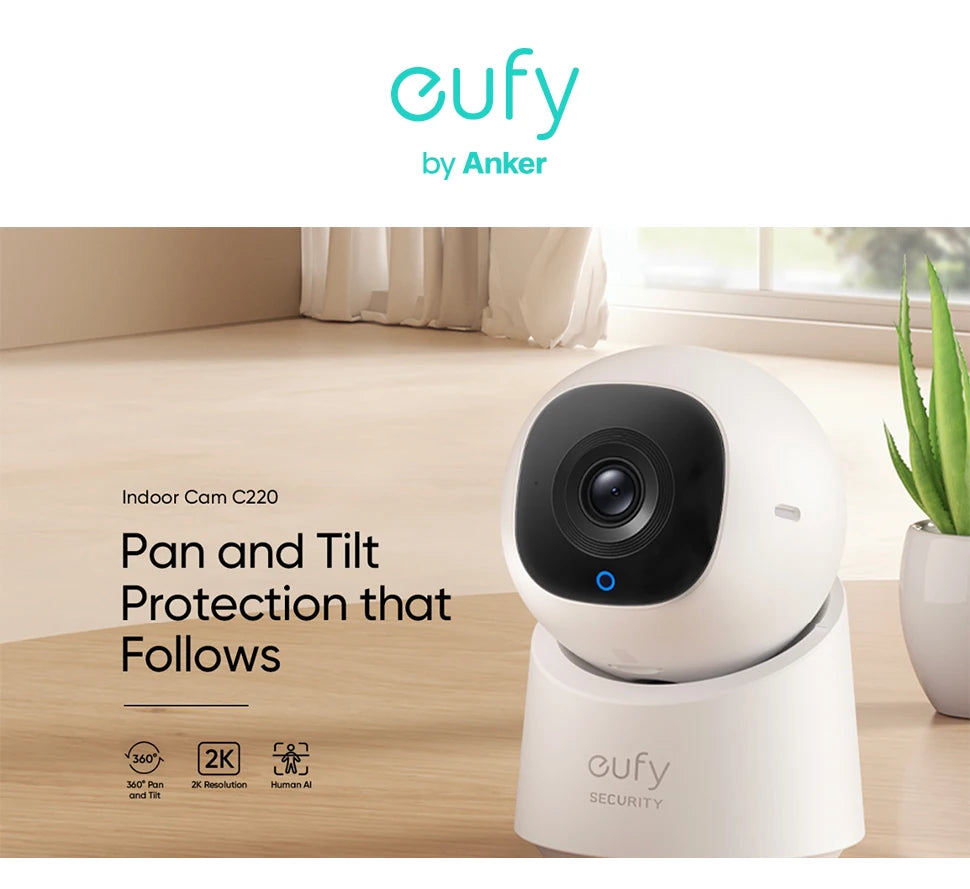 eufy Security Indoor Cam C220 2K Resolution Security Camera with 360° PTZ Plug-In Security Indoor Camera with Wi-Fi Human