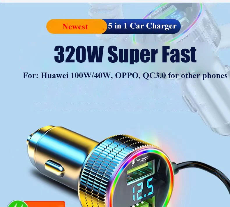 320W USB Car Charger 5 in 1 Fast Chariging Phone Adapter for iPhone 14 Pro Max Apple 13 12 11 Samsung Huawei OPPO Oneplus Xiaomi