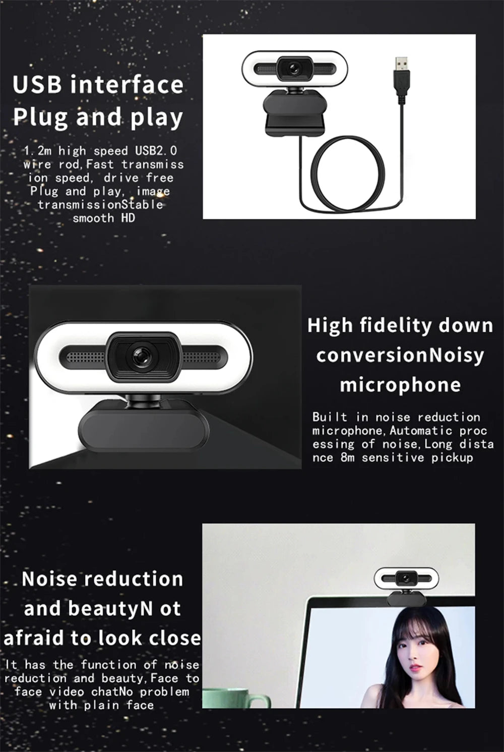 Portable Full HD 1080P 2K 4K Webcam PC Laptop Auto Focus Webcam Live Streaming Flexible with Microphone Live Broadcast withLight