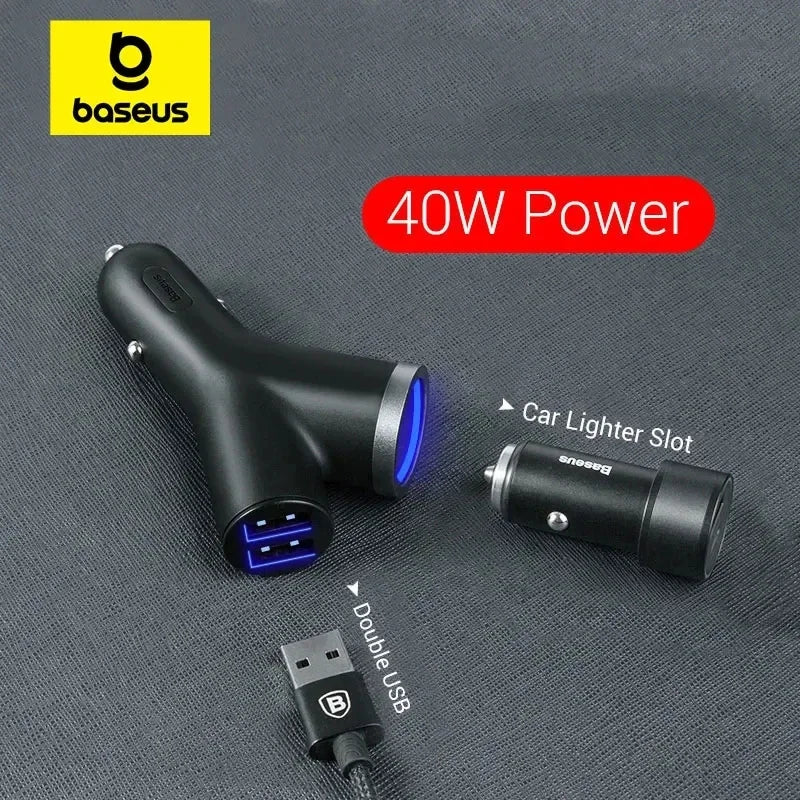 Baseus 40W Car Charger for Universal Mobile Phone Dual USB Car Cigarette Lighter Slot for Tablet GPS 3 Devices Car Phone Charger