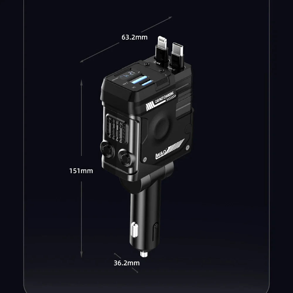 Retractable Car Charger, 66W 4-in-1 Super Fast Charging Car Phone Charger with Retractable Cable 2 USB Port Adapter for iPhone