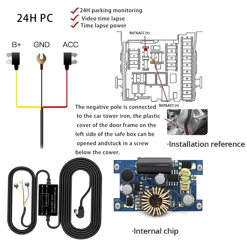 for AZDOME M550 Pro 3 Wire ACC Detection Hardwire Kit 12V/24V to 5V 3A Mini USB Car Charger Dash Cam 24 Hour Parking Monitor