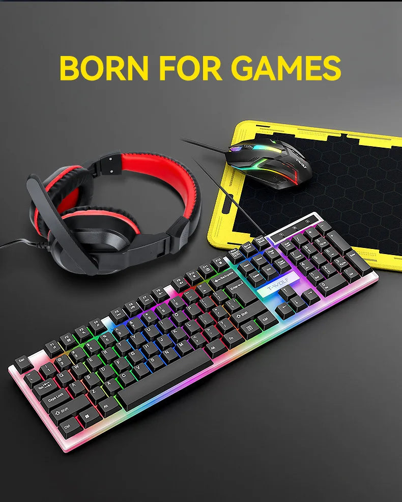 wired Keyboard and Mouse Set, Keyboard and Mouse Earphones, Mouse Pad, Four Piece Set, Luminous Game Set