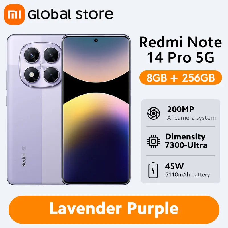 Global Version Xiaomi Redmi Note 14 Pro 5G 256GB / 512GB ROM MediaTek Dimensity 7300-Ultra 200MP Camera 5110mAh 6.67" AMOLED 45W