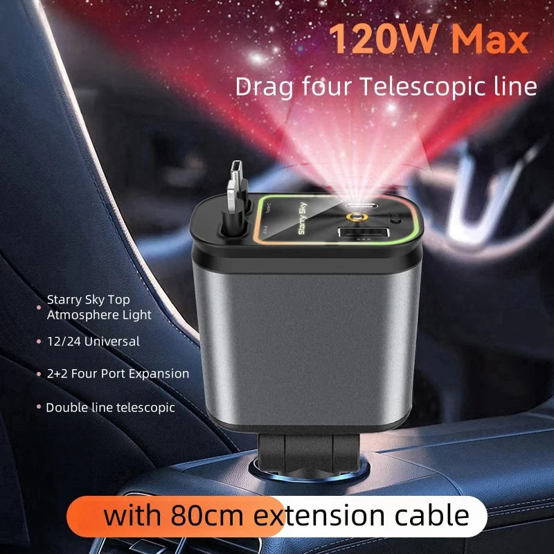 Retractable Car Charger 4 in 1 Fast Charging Car Charger 120W 1PD+1USB Ports Car Charger Adapter Compatible With Starry Sky Lamp