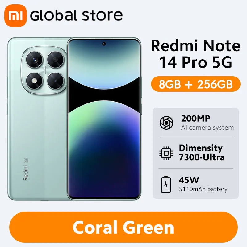 Global Version Xiaomi Redmi Note 14 Pro 5G 256GB / 512GB ROM MediaTek Dimensity 7300-Ultra 200MP Camera 5110mAh 6.67" AMOLED 45W