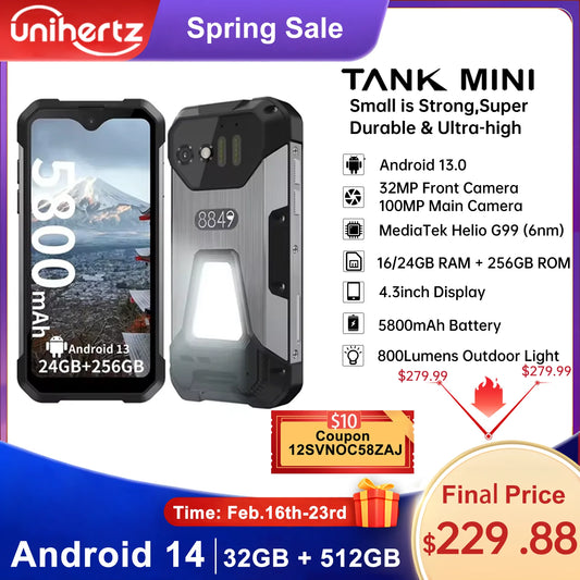 Unihertz 8849 Tank Mini Rugged Smartphone 4.3 Inch Display Android 13 5800mAh 24GB 256GB Helio G99 Octa Core 100MP Cameras IP68