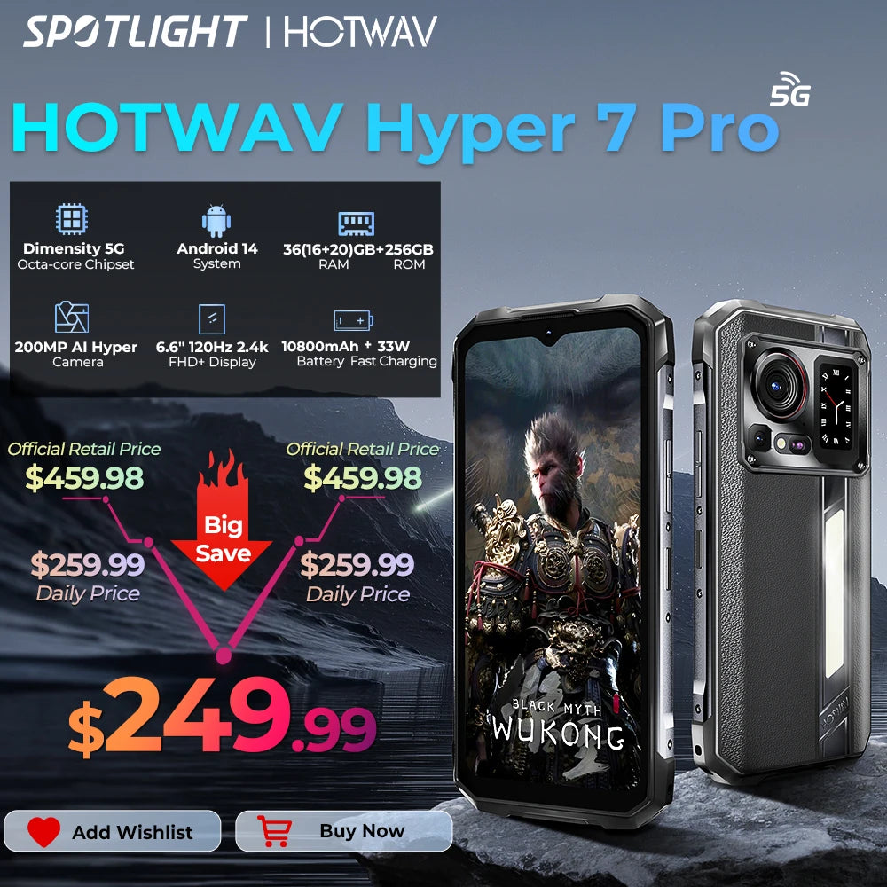 HOTWAV Hyper 7 Pro 5G Rugged Phone 200MP Android 14 6.6'' FHD+ 120Hz Smartphone 36(16+20)GB 256GB 10800mAh 33W Mobile Phone