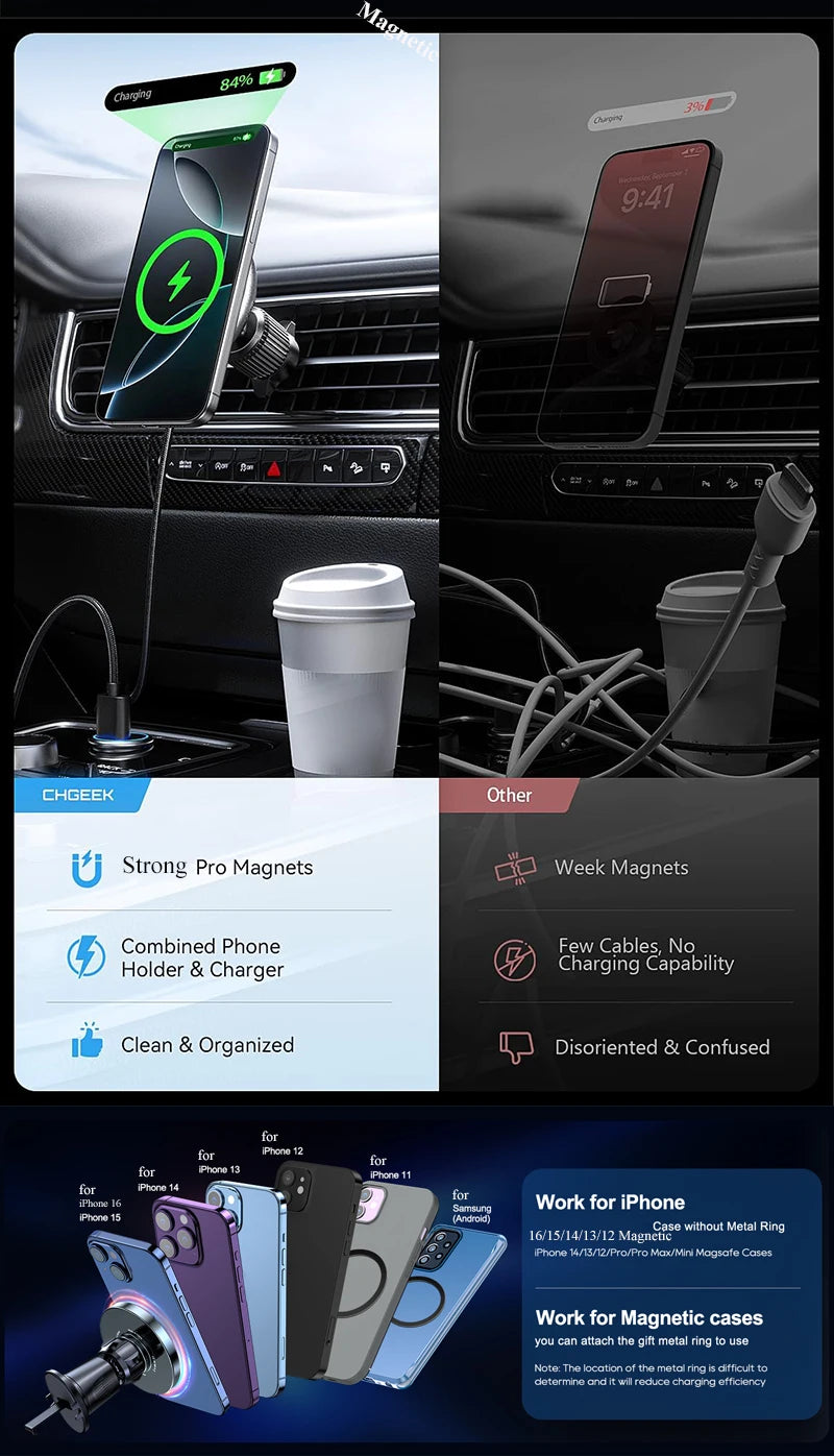 UYUXIO Strong Magnetic Wireless Car Phone Charger Adapter 15W Air Vent Car Phone Holder for iPhone 16 15 14 13 Pro Max Plus 12