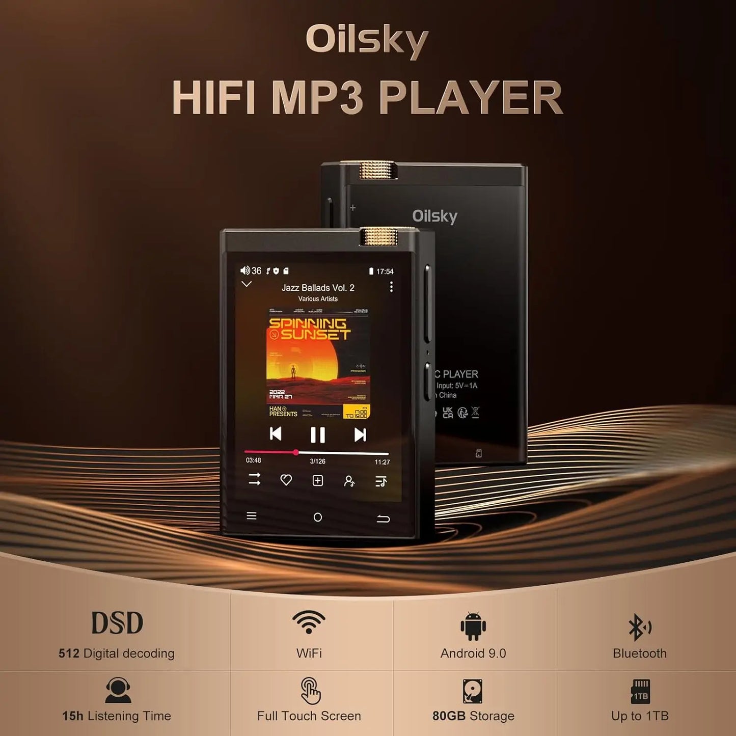 Hi-Fi MP3 Player with Bluetooth and WiFi, Oilsky Lossless DSD High-Resolution Digital Audio with 64GB Memory Card up to 1TB