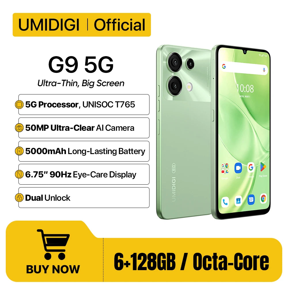 UMIDIGI G9 5G Smartphone 5G Android 14 8-Core 6+6GB 128GB 6.75” 90Hz HD+ 50MP 5000mAh 18W Charging 5G cellphone