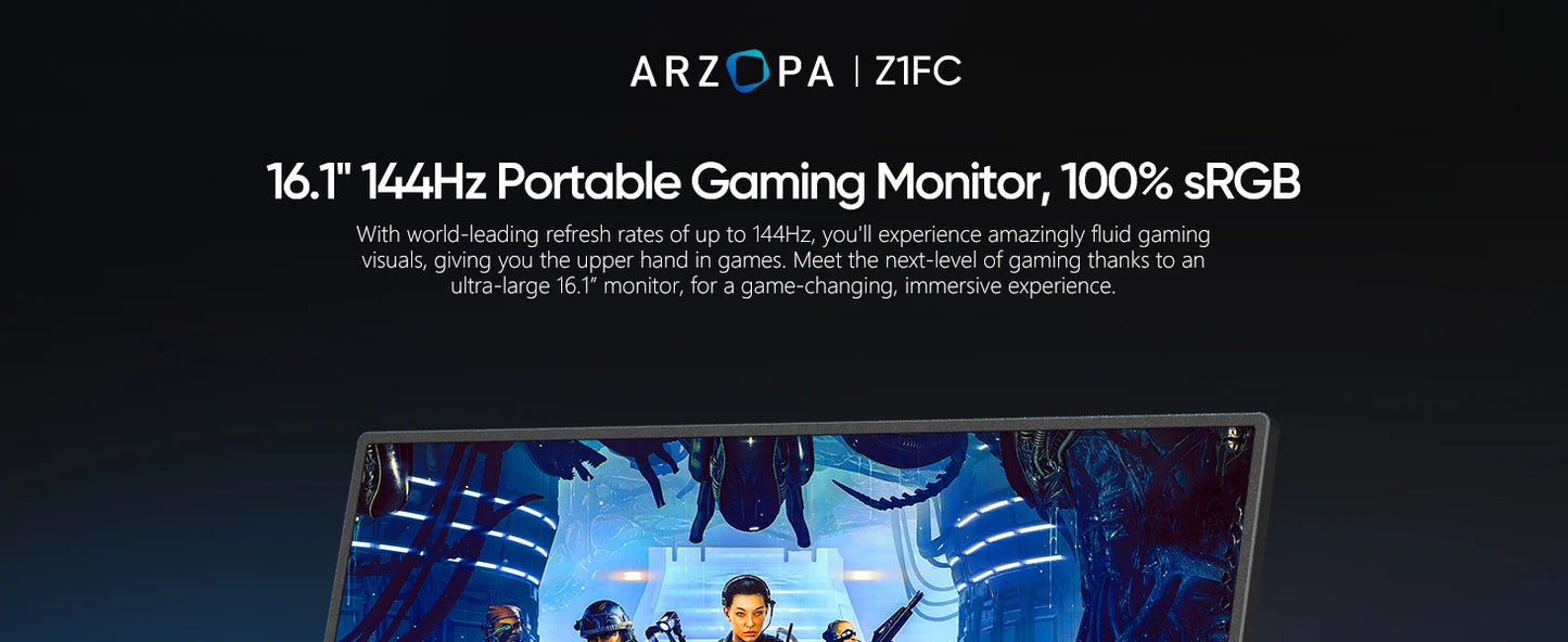 New ARZOPA 16.1'' 144hz 1080P 100% sRGB FHD Portable Gaming Monitor HDR Second Screen for Switch, Xbox,PS5,Laptop,PC,Mac Z1FC