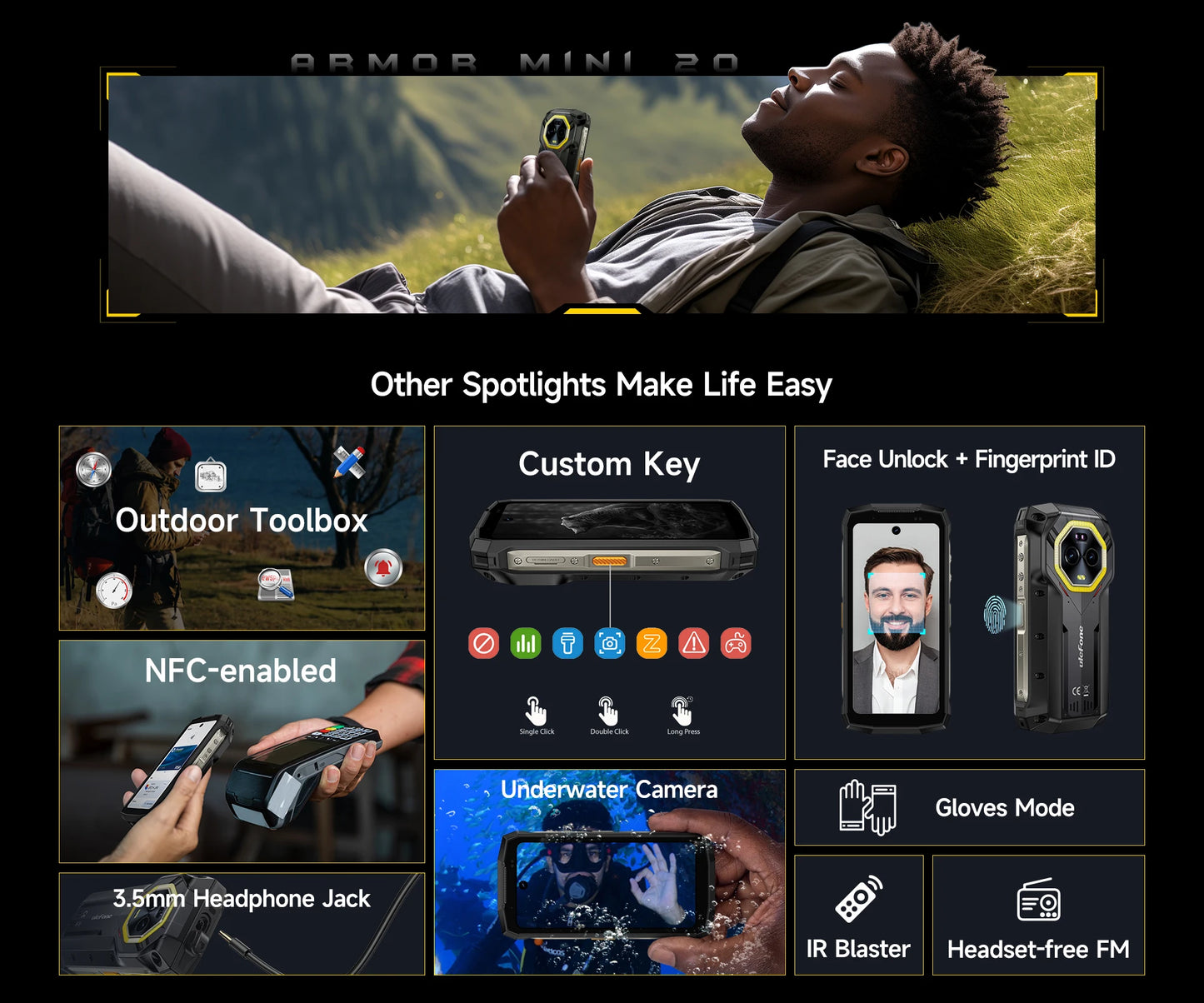 【World Premiere】Ulefone Armor Mini 20 4G 4.7" Rugged Phone 64MP Night Camera Android 14 Smartphone 6200mAh Mobile phone NFC