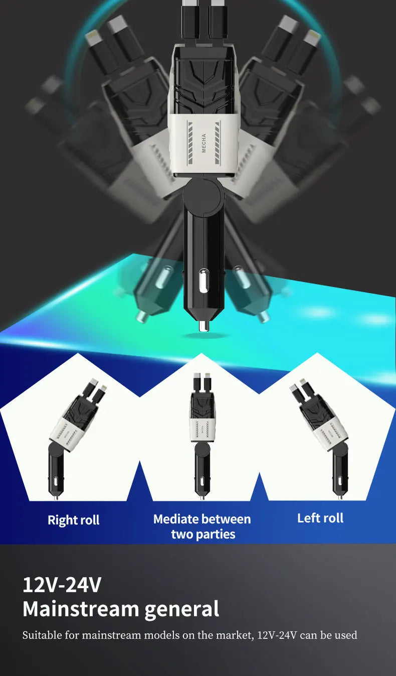 120W Car Charger, 4-in-1 Retractable Cigarette Lighter Adapter with USB Type C Fast Charging Cable for iPhone & Android Devices