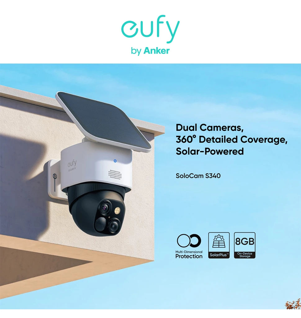 eufy SoloCam S340 Solar Security Camera Wireless Outdoor Camera 360° Surveillance No Blind Spots 2.4 GHz Wi-Fi No Monthly Fee