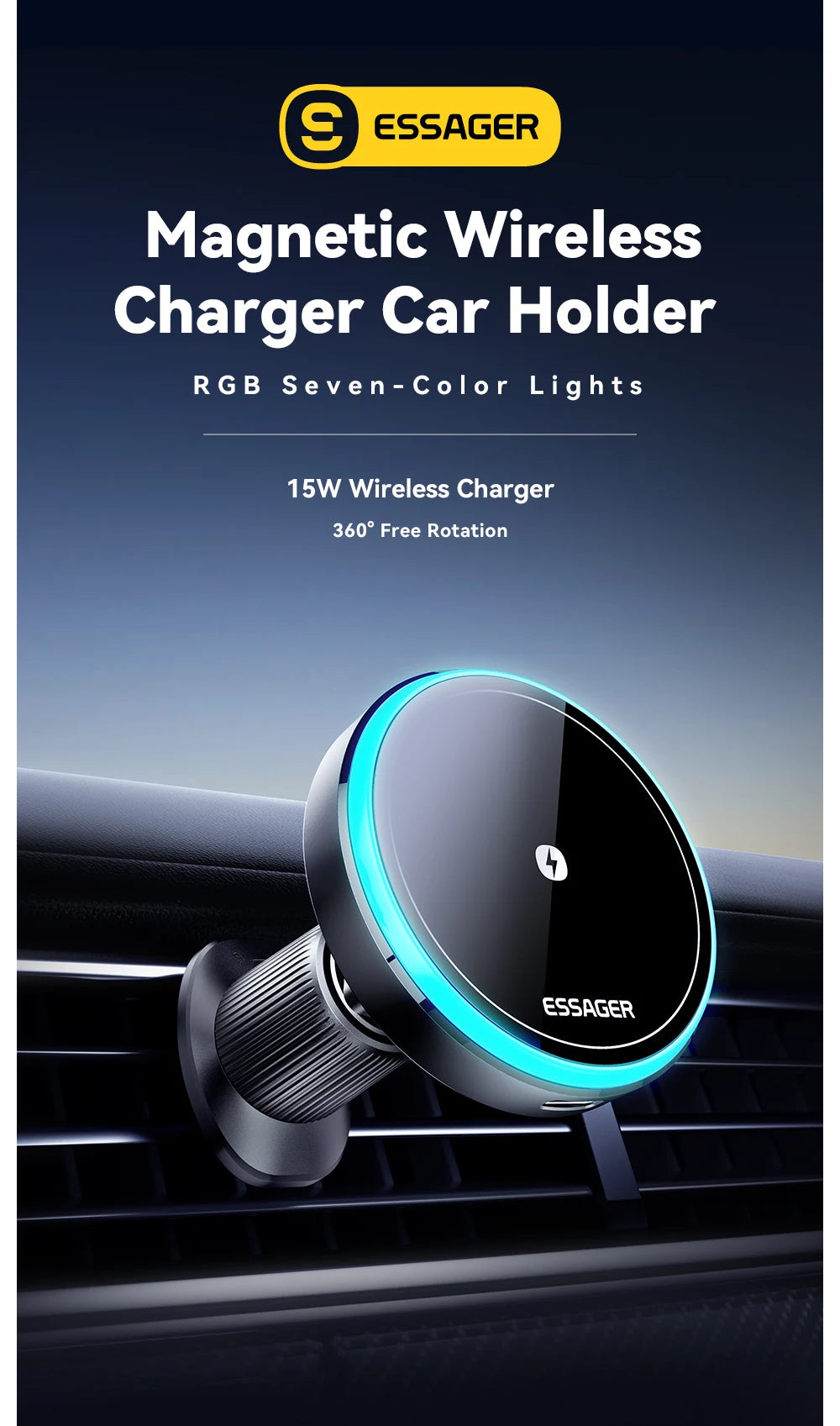 Essager 15W Magnetic Wireless Car Phone Holder Adjustable 360 degrees Car Charger For iPhone15 14 13 Pro Samsung Universal Phone