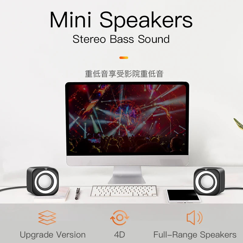 Hifi Mini Desktop Wired USB Computer Dual Speaker for Laptop PC Suround Stereo Subwoofer AUX Playback Mega Bass Loudspeaker