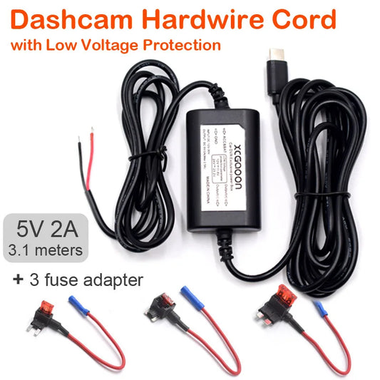 Car Charge Hardwire Cord Cable With Mini Micro Type-C USB DC 12V to 5V 2A 3.1M Auto Charging for Dash Cam Camcorder Vehicle DVR