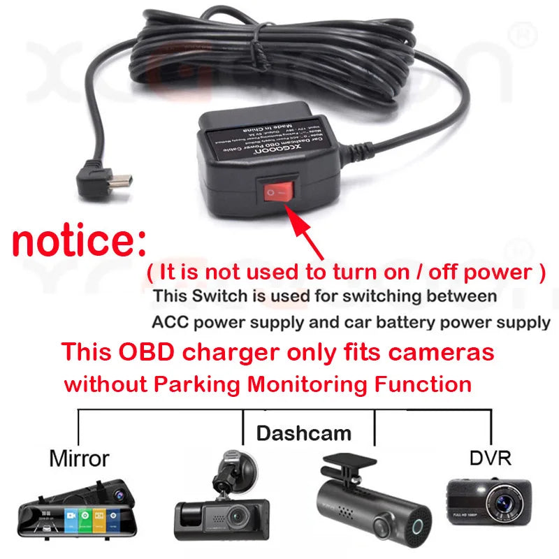 24Hours Mini Mico USB Ports 5V 3A Car Charge Cable OBD Hardwire Cord 3.5Meters With Switch For Dash Cam Camcorder Vehicle DVR