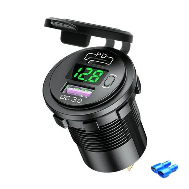 60W PD Type C/QC 3.0 USB Charger with button Switch LED Voltmeter Power Outlet Fast Charging for 12V 24V Car Truck Motorcycle RV