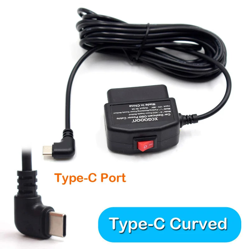 24Hours Mini Mico USB Ports 5V 3A Car Charge Cable OBD Hardwire Cord 3.5Meters With Switch For Dash Cam Camcorder Vehicle DVR