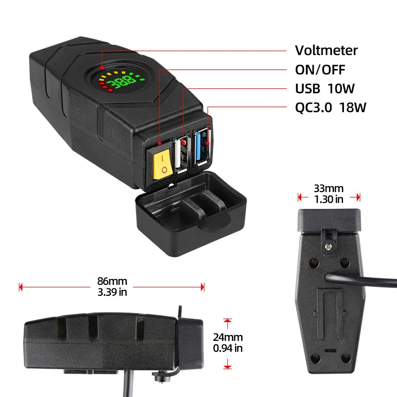 28W QC3.0 Quick Charge Usb Charger Waterproof E-Bike 20V-90V Electric Bike Motorcycles Scooter 36V 48V 72V Voltmeter Switch