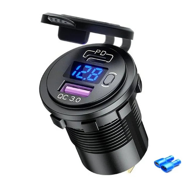 60W PD Type C/QC 3.0 USB Charger with button Switch LED Voltmeter Power Outlet Fast Charging for 12V 24V Car Truck Motorcycle RV