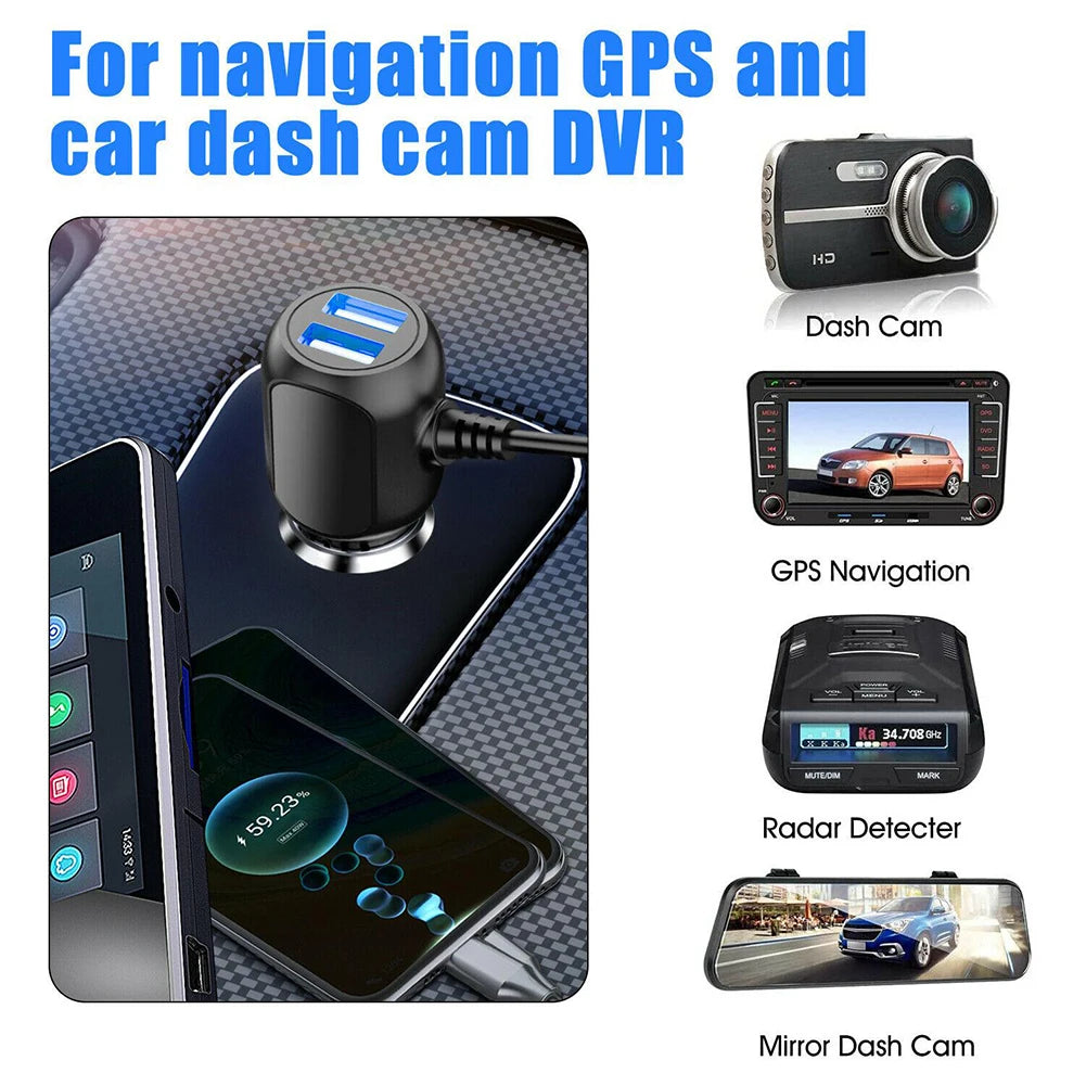 Car USB Dash Cam Car Charger Car GPS Charger Car Driving Recorder Power Cord USB Cable 11.5ft Power Dual USB DVR Charging Cable