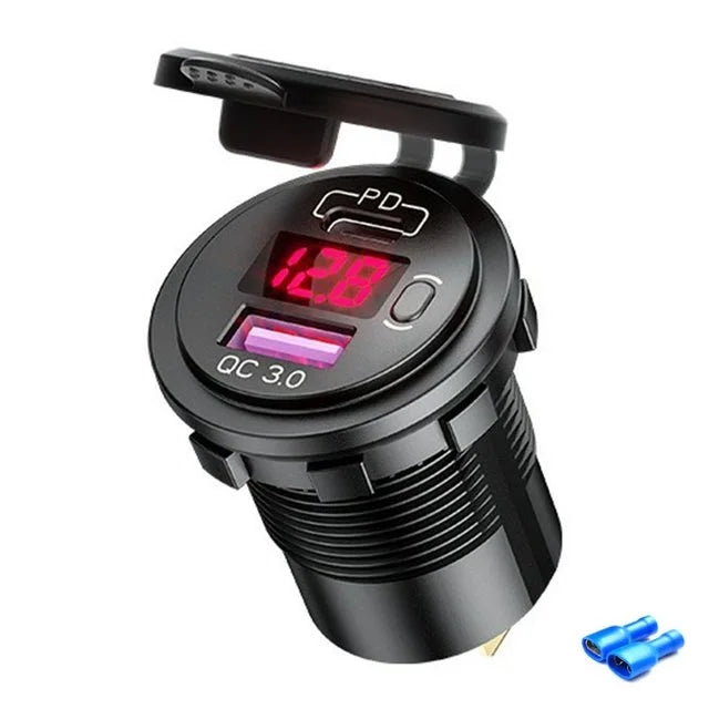 60W PD Type C/QC 3.0 USB Charger with button Switch LED Voltmeter Power Outlet Fast Charging for 12V 24V Car Truck Motorcycle RV