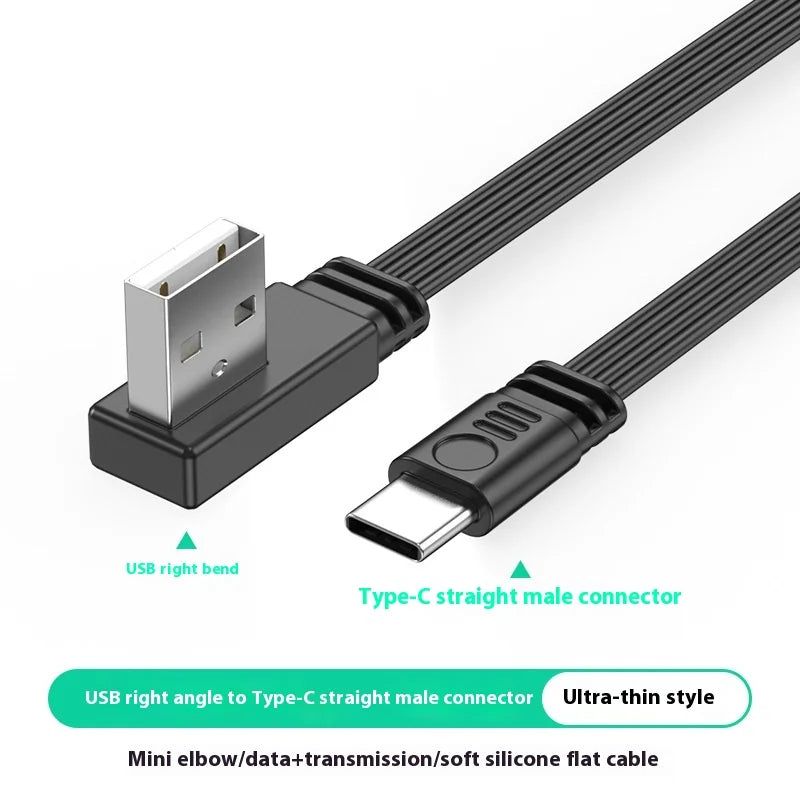 USB to TypeC data cable with left and right bend wires 2.0 transmission, 2A power supply, TypeC flat silicone cable