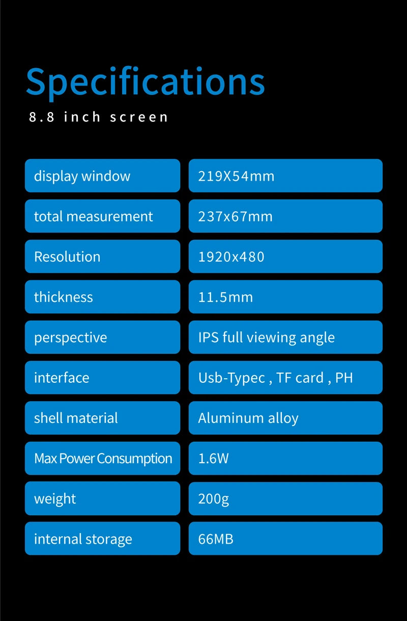 8.8 Inch IPS USB Secondary Screen Type-C PH Interface Turing Smart Screen CPU GPU RAM Computer Monitor Use TURZX Software