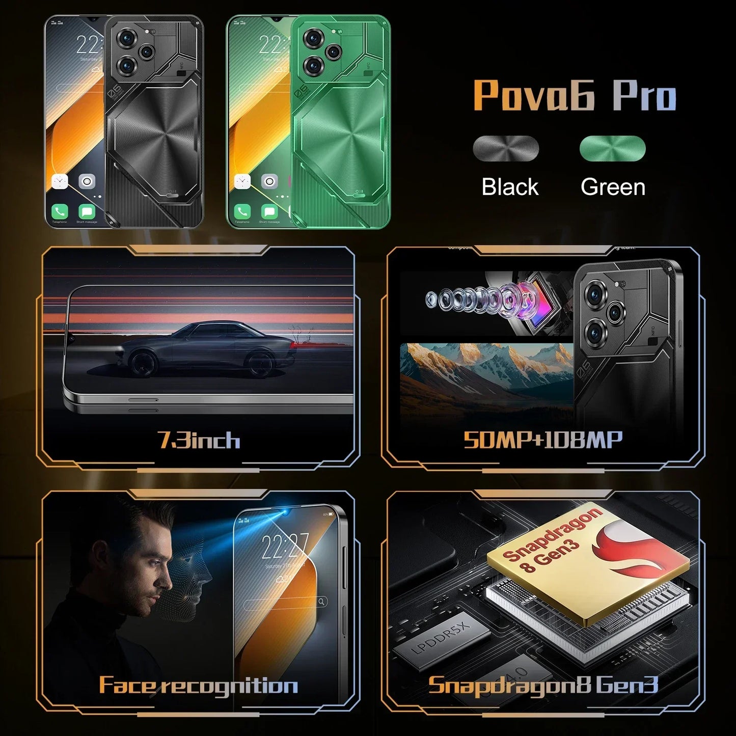 Global Version Pova 6 Pro Smart Android Phone 5G Snapdeagon8 Gen3 7.3 Inch HD Screen 108MP Camera Android14 Unlock Phone NFC