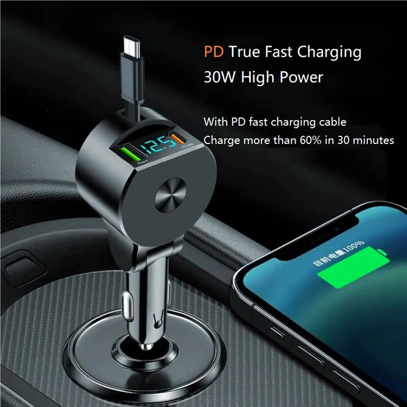 250W PD Car Charger QC3.0 Fast Charge 6-in-1 Car Cigarette Lighter Plug 5 Port Car Charger Flash Charge with Digital Display