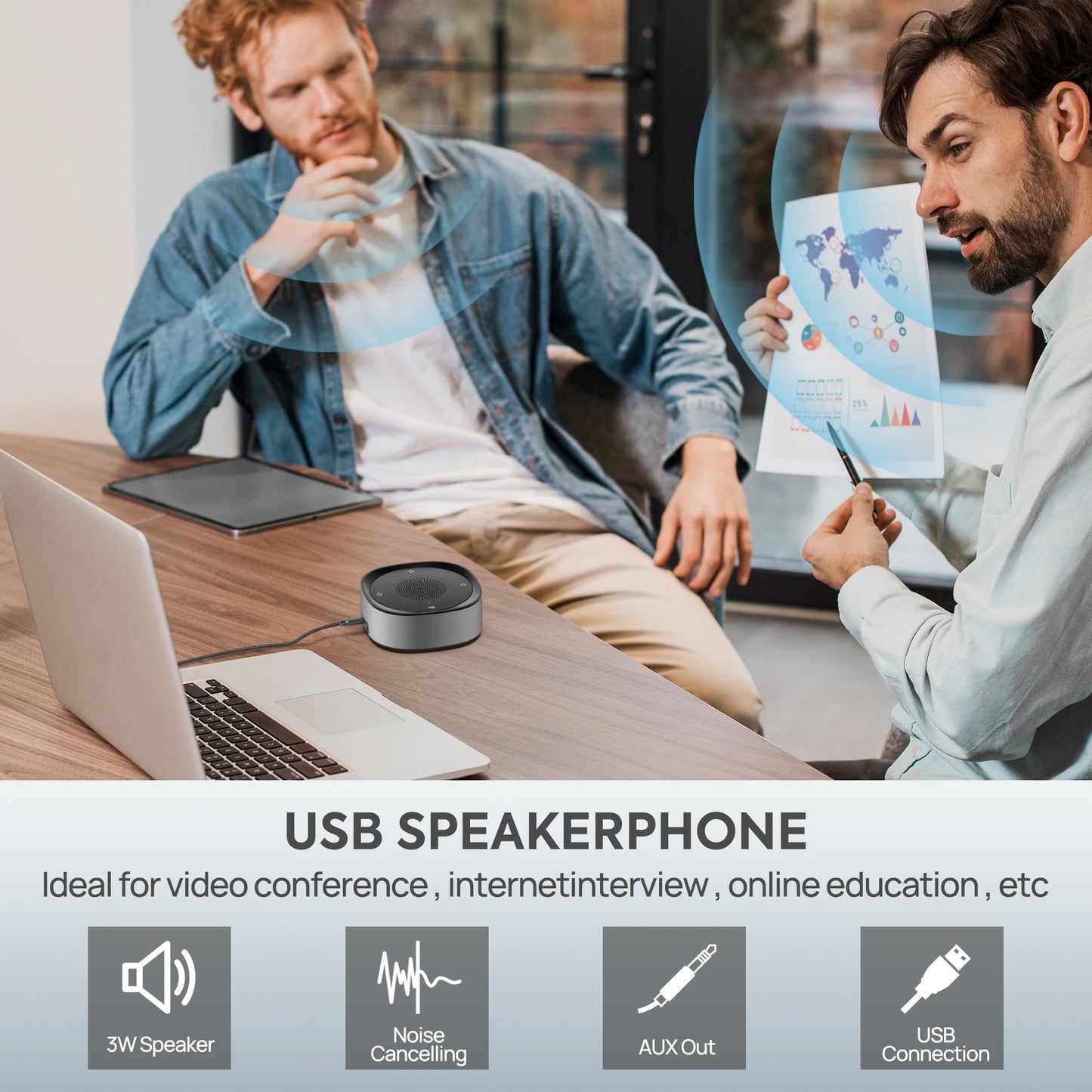 USB Conference Speaker, Microphone with Speakers, Omnidirection Zoom Mic Speakerphone with LED Indicator, Volume & Mute Control