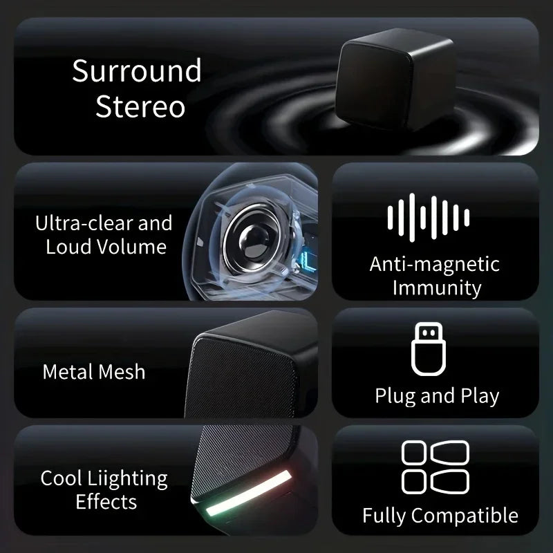 Mini Speaker with Cool Lights and Stereo Sound Computer Speakers 6W USB Powered 3.5 mm AUX-in Portable Speaker for Computer La