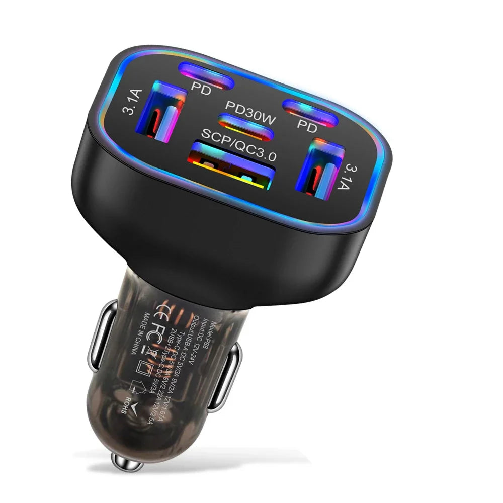 UYUXIO 6 in 1 USB C Car Charger Adapter PD 30W Multi Ports Super Fast Charge for iPhone 16 15 14 Pro Max iPad Samsung Phone