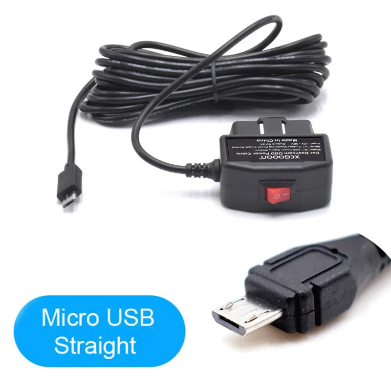 24Hours Mini Mico USB Ports 5V 3A Car Charge Cable OBD Hardwire Cord 3.5Meters With Switch For Dash Cam Camcorder Vehicle DVR