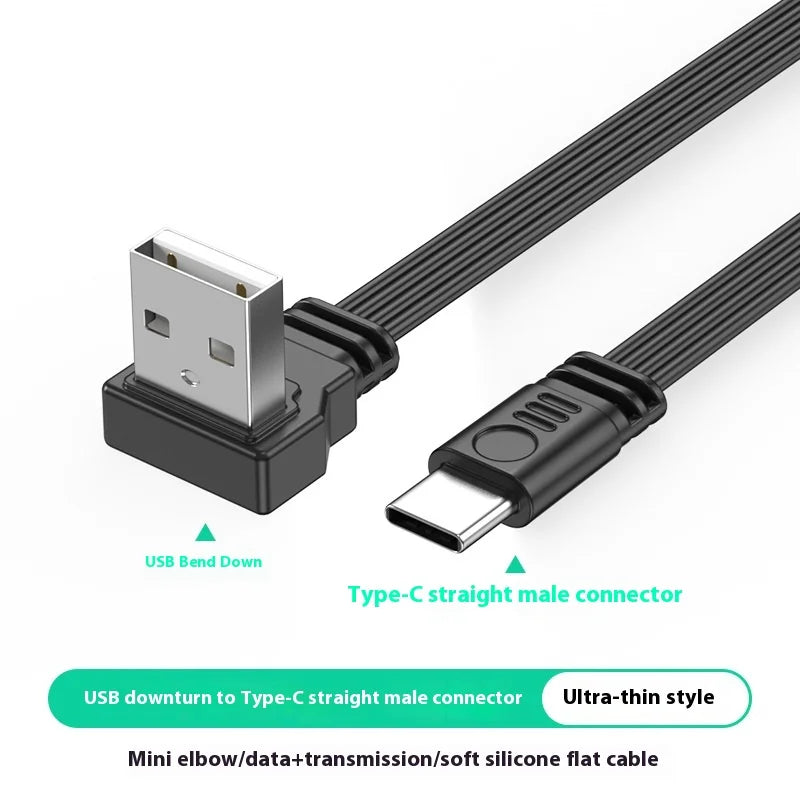 USB to TypeC data cable with left and right bend wires 2.0 transmission, 2A power supply, TypeC flat silicone cable