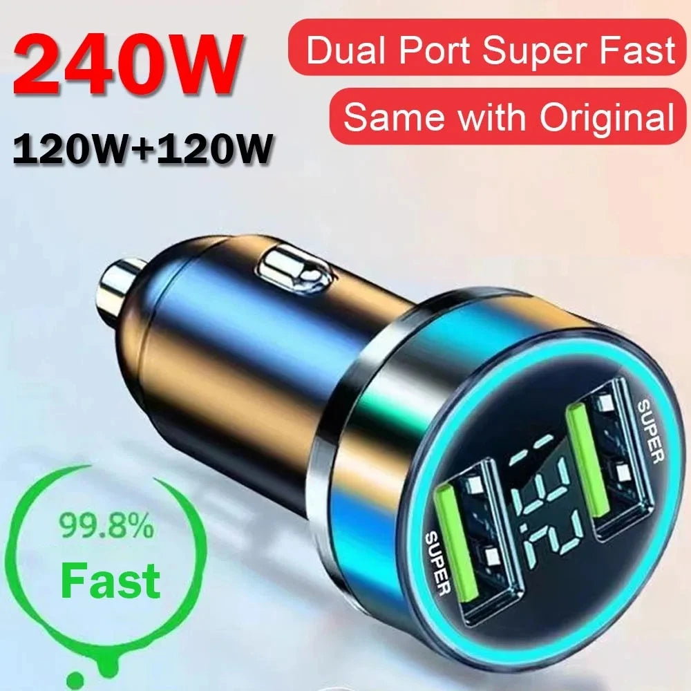 240W Car Charger Dual USB Ports 120W Super Fast Charging with Digital Display Quick Charging Adapter for IPhone Samsung Xiaomi