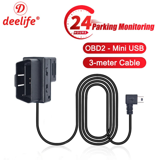 Deelife OBD2 Hardwire Kit for DVR Dash Cam 3Meters OBD-Mini USB Charging Cable with Mini USB to Micro USB Adapter Cable