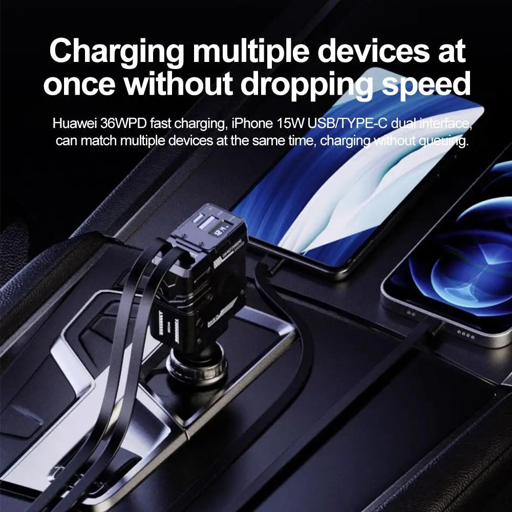 Retractable Car Charger, 66W 4-in-1 Super Fast Charging Car Phone Charger with Retractable Cable 2 USB Port Adapter for iPhone