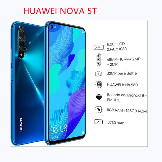 Global HUAWEI Nova 5T,Smartphone Android,Google Play Store,6.26 inch,128GB/256GB ROM,Mobile phone,48MP,4G Network,Cellphone