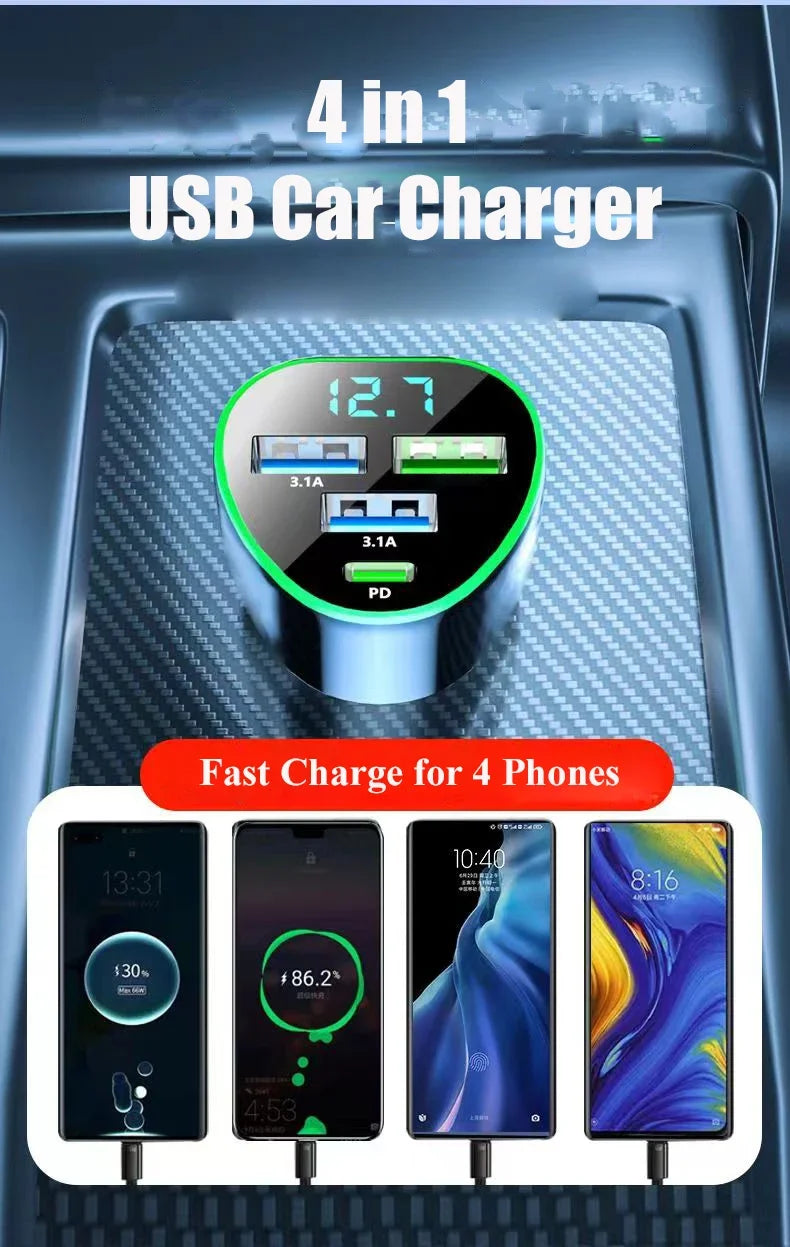 UYUXIO USB C Car Phone Charger Super Fast Charge in Car with LED Voltage Display for iPhone Samsung Huawei Oneplus Android Phone