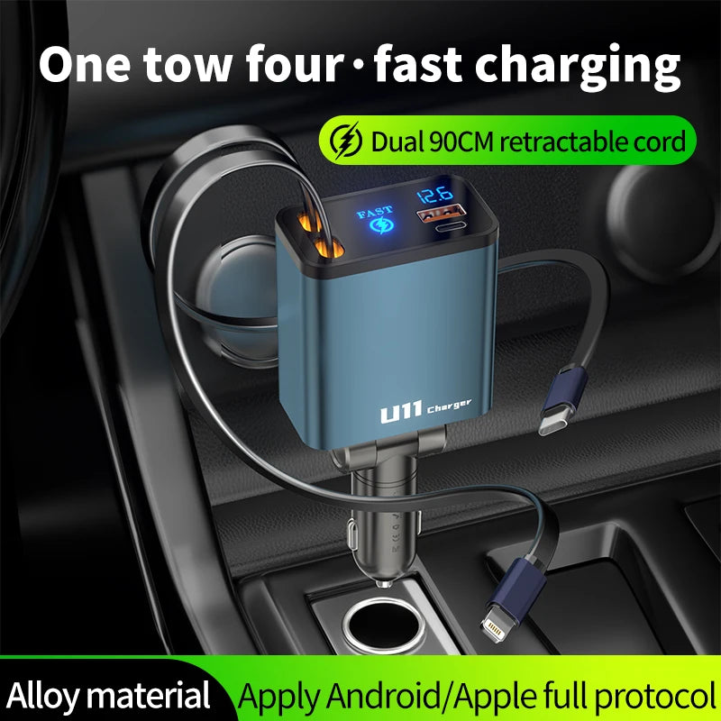 4 in 1 100W Car Charger Retractable Car Cigarette Lighter Adapter USB Type C Fast Charger Cable For IPhone Xiaomi Huawei Samsung