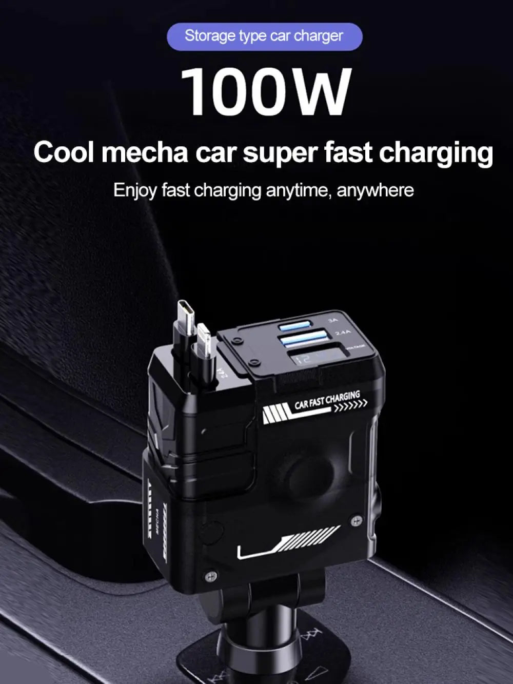 Retractable Car Charger, 66W 4-in-1 Super Fast Charging Car Phone Charger with Retractable Cable 2 USB Port Adapter for iPhone