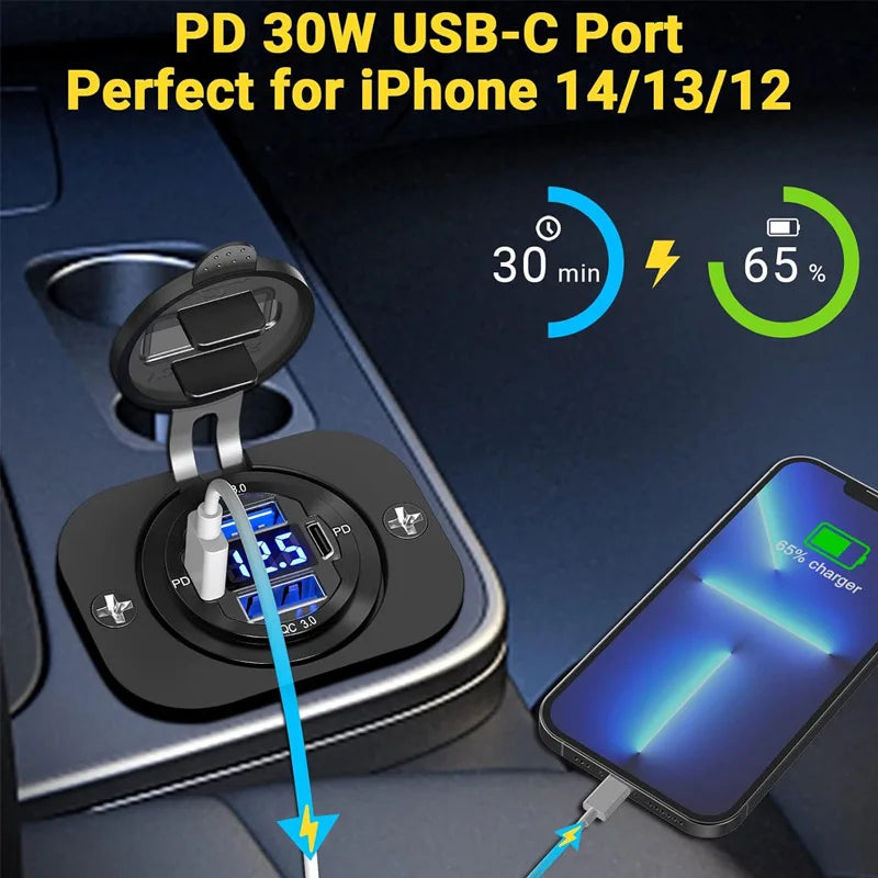 NEW 96W Dual PD Dual QC 3.0 USB Car Charger with Voltmeter Socket Power Outlet Adapter Waterproof for 12V/24V Car Boat Hot Sale