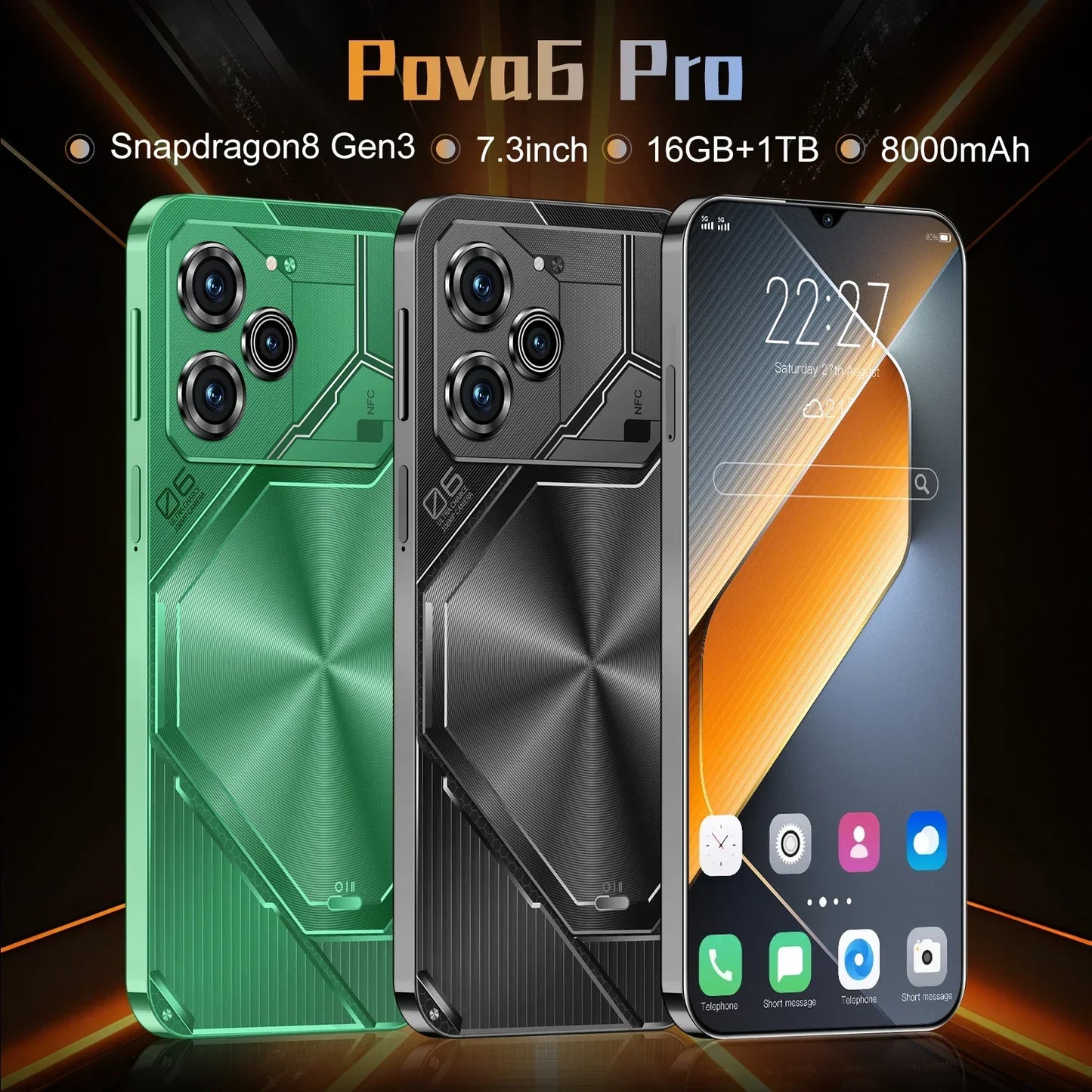 Global Version Pova 6 Pro Smart Android Phone 5G Snapdeagon8 Gen3 7.3 Inch HD Screen 108MP Camera Android14 Unlock Phone NFC