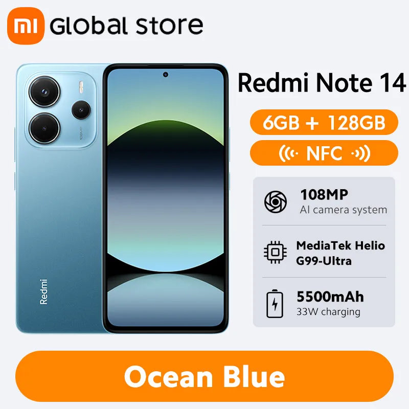 New Global Version Xiaomi Redmi Note 14 Smartphone 128GB / 256GB ROM MediaTek Helio G99-Ultra 33W120Hz AMOLED 108MP 5500mAh